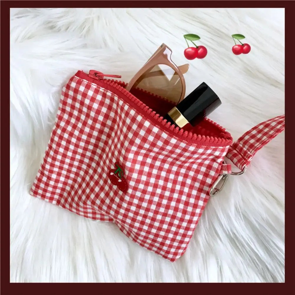 Embroidered Cherry Canvas Cosmetic Bag | Zipper Travel Makeup Pouch