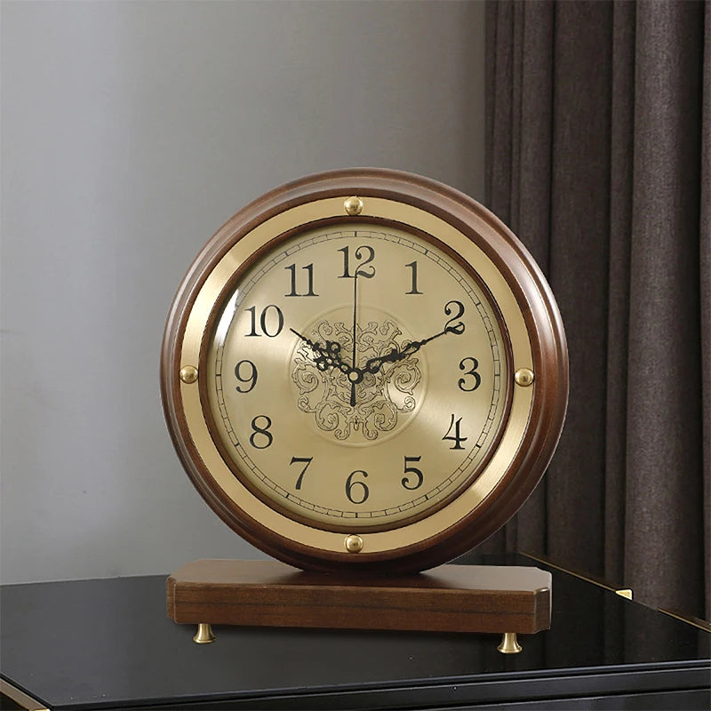 European Style Clock Living Room Household Desktop Silent Clock Brass Decorative Table Wooden Minimalist Counter Oasis Select