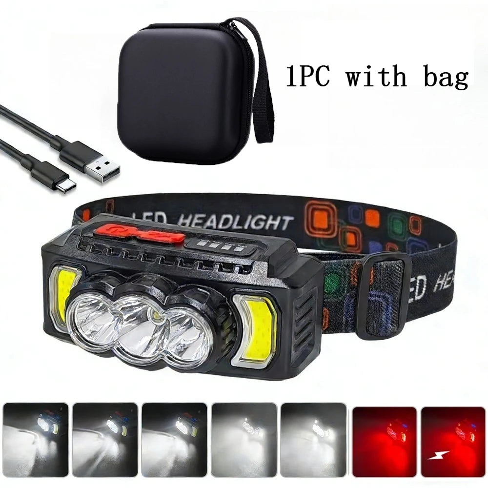 Super Powerful COB Head Flashlight LED Portable Head Lamp USB Rechargeable 7 Modes Outdoor Camping Hiking Headlamp Work Light Oasis Select 1PCS with bag