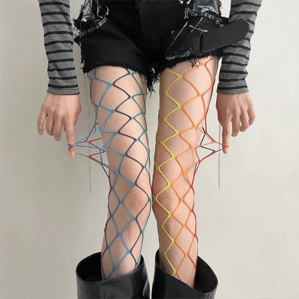 Sweet Cool Dopamine Rainbow Fishnet Stockings Y2K Gradient Mesh Hollowed Out Tights High Waist Sexy Pantyhose Women Fashion Oasis Select