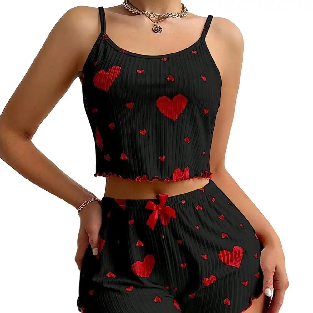 NEW Girl'S Spaghetti Strap Camisoles+Shorts Homewear Print Underwear Pijama Sexy Lingerie Camisoles Tanks Nighty Women Sleepwear Oasis Select XL3