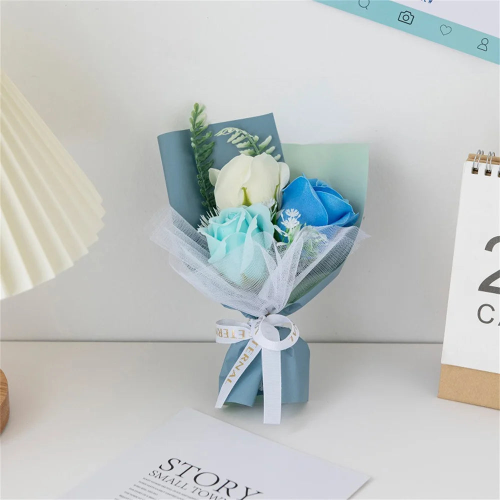 3 Heads Soap Rose Bouquet Valentines Day Gift For Friends Wedding Bouquet Home Decor Rose Flower Bouquet Wedding Party Gift 2024 Oasis Select Blue