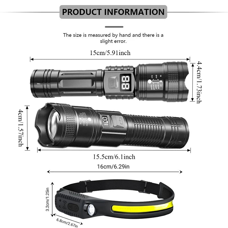 High Strong Power Led Flashlights 2000LM Tactical Torch with Display Light USB Charging Camping Fishing Emergency Zoom Lantern Oasis Select