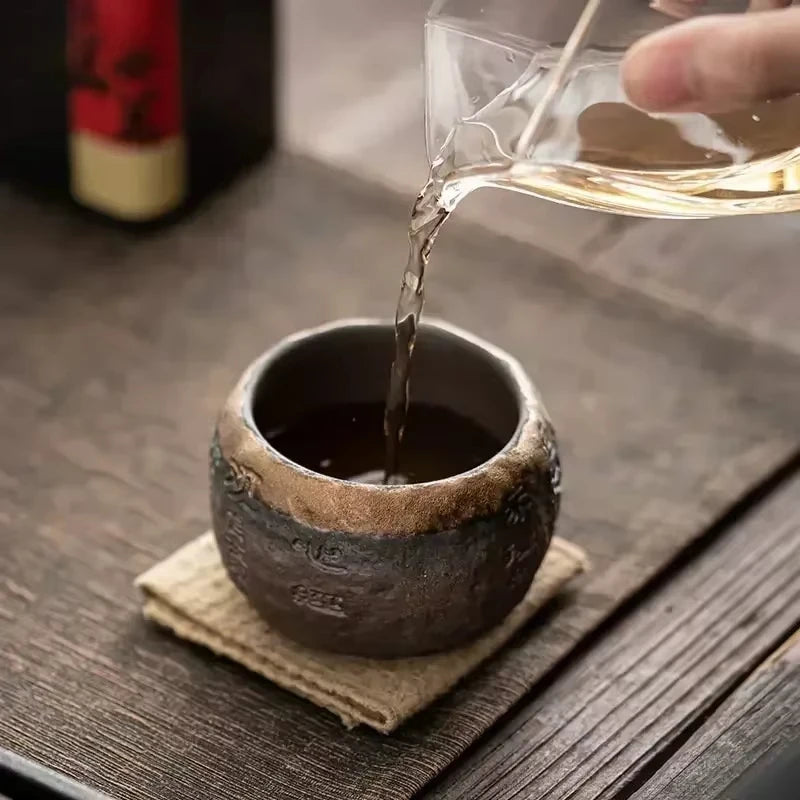 Rough Pottery Handmade Relief Heart Sutra Zen Cup Ceramic Master Individual Single Cup Chinese Portable Tea Cup 1pcs Oasis Select
