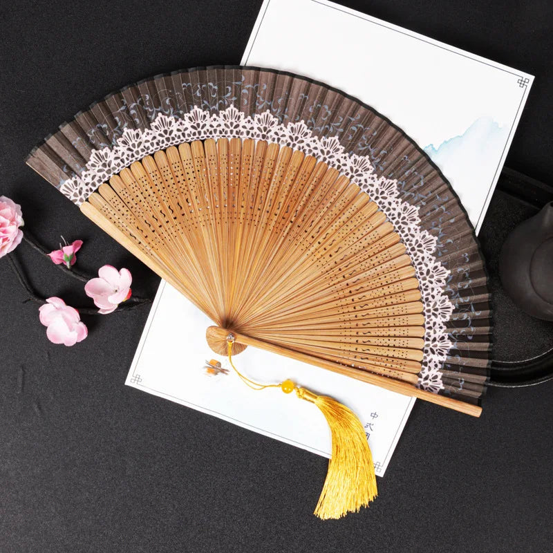 Chinese Style Folding Folding Fan Change Color With Tassel Dance Fan Silk Cloth Bamboo Summer Oasis Select Brown