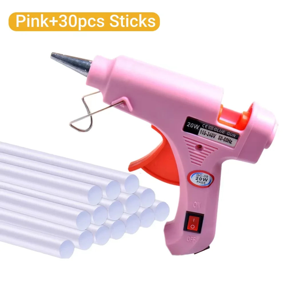 20W Mini Hot Melt Glue Gun EU Electric DIY Industrial Household Repair Tool with Thermo Heat Temperature Oasis Select pink with 30pcs 20W EU