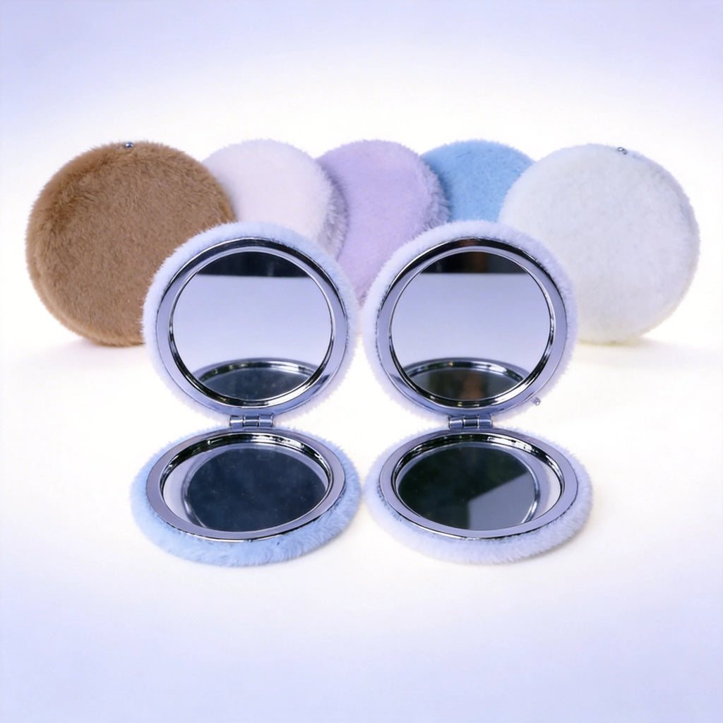 Fluffy Plush Compact Mirror – Dual-Sided Portable Folding