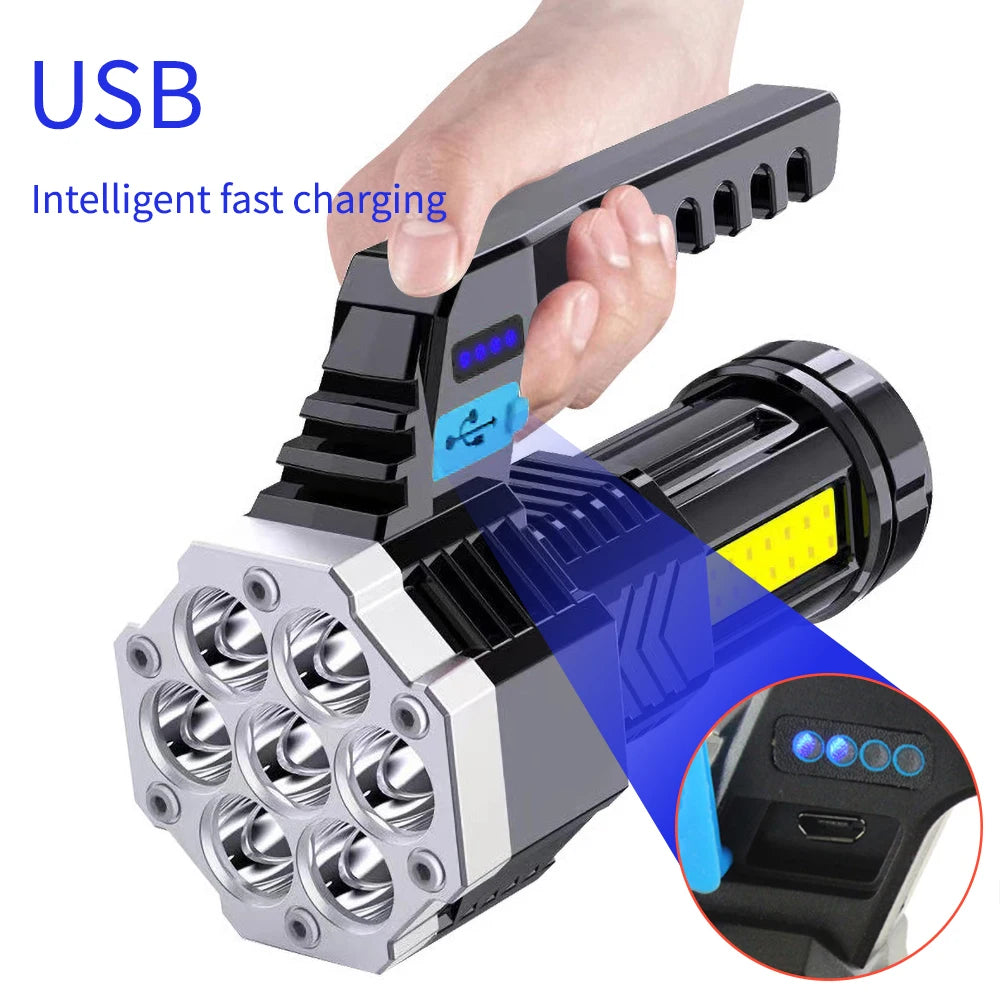 High Power Rechargeable Led Flashlights 7LED Camping Torch With Cob Side Light Lightweight Outdoor Lighting ABS Material Oasis Select