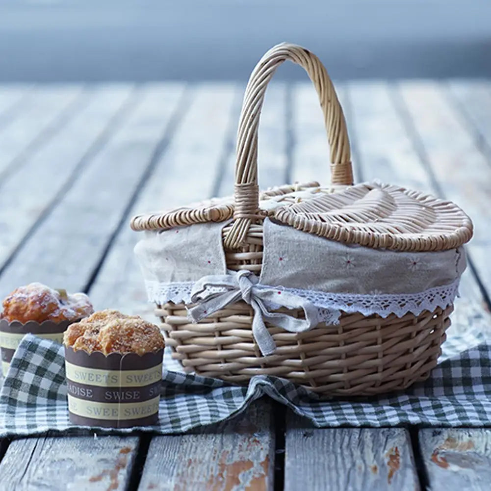 Handmade Wicker Basket With Handle Picnic Food Basket With Lid Hand-Woven Multi-Purpose Wicker Tray Desktop Decor Storage Box Oasis Select