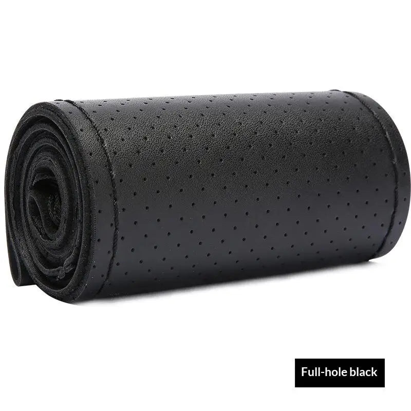 Hand Sewn Car Steering Wheel Protective Cover Leather Breathable Anti Slip Universal Suitable 38cm Elastic Band Texture Decor Oasis Select Black