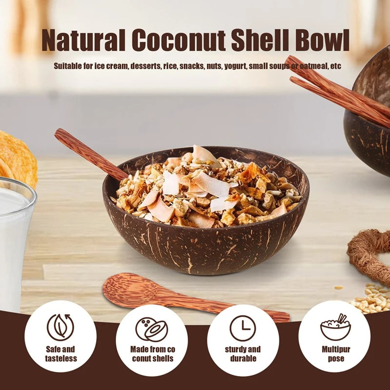WISH 1 Set Of Natural Coconut Shell Bowls With Spoon And Stand Suitable For Ice Cream, Desserts, Rice, Snacks, Nuts Oasis Select