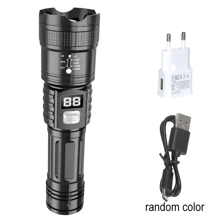 Tactical LED Flashlight 2000LM USB Rechargeable Waterproof Grade Zoom Torch Bright Portable Emergency Light for Camping Outdoor Oasis Select Black-EU Plug ZOOM