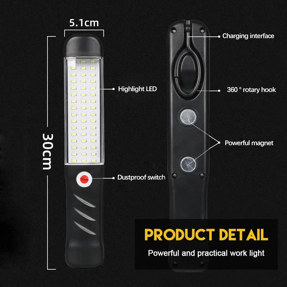 Portable Magnetic Auto Repair Work Light USB Rechargeable LED Flashlight With Magnet Hook For Car Repair Fishing Emergencies Oasis Select