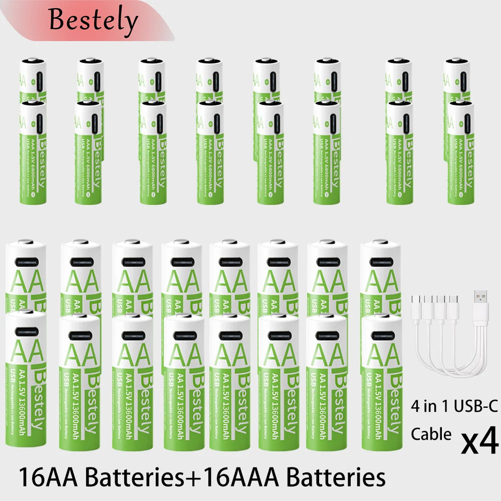 New1.5V AA 13600mAh + AAA 6800mAh Rechargeable Lithium Battery,USB-C Charge, 2000 Cycles，Low Self-Discharge Battery Oasis Select 32PCS 1.5V