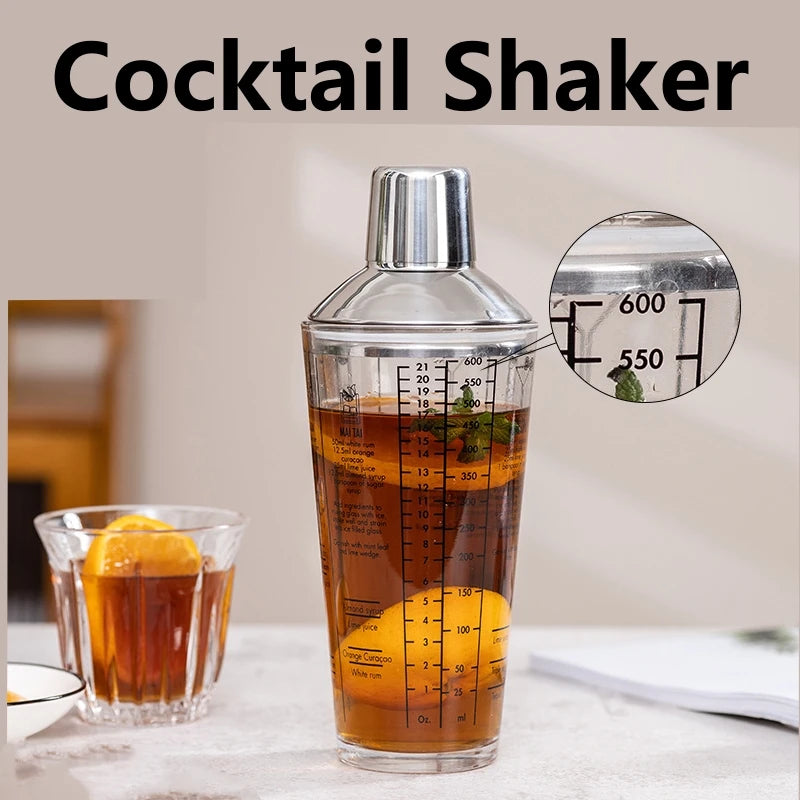 Glass Cocktail Shaker Martini Hand Shaker Cup with Scales 400/600ml Milk Tea Lemon Tea Wine Drink Shaker Mixer Bar Tool Oasis Select
