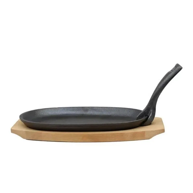 Cast Iron Skillet with Wooden Tray and Metal Spatula, for Grilled Fish and Grilling, Kitchen Essentials Oval Steak Pan Oasis Select