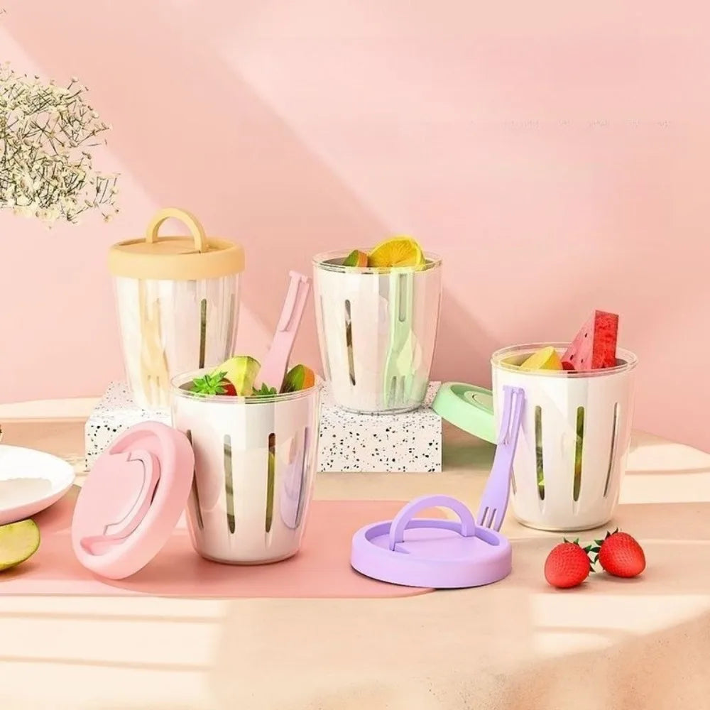 Portable Cylindrical Food Container with Fork Built in Drain Plastic Fruit Storage Cup Multi Purpose Lunch Box for Daily Snacks Oasis Select
