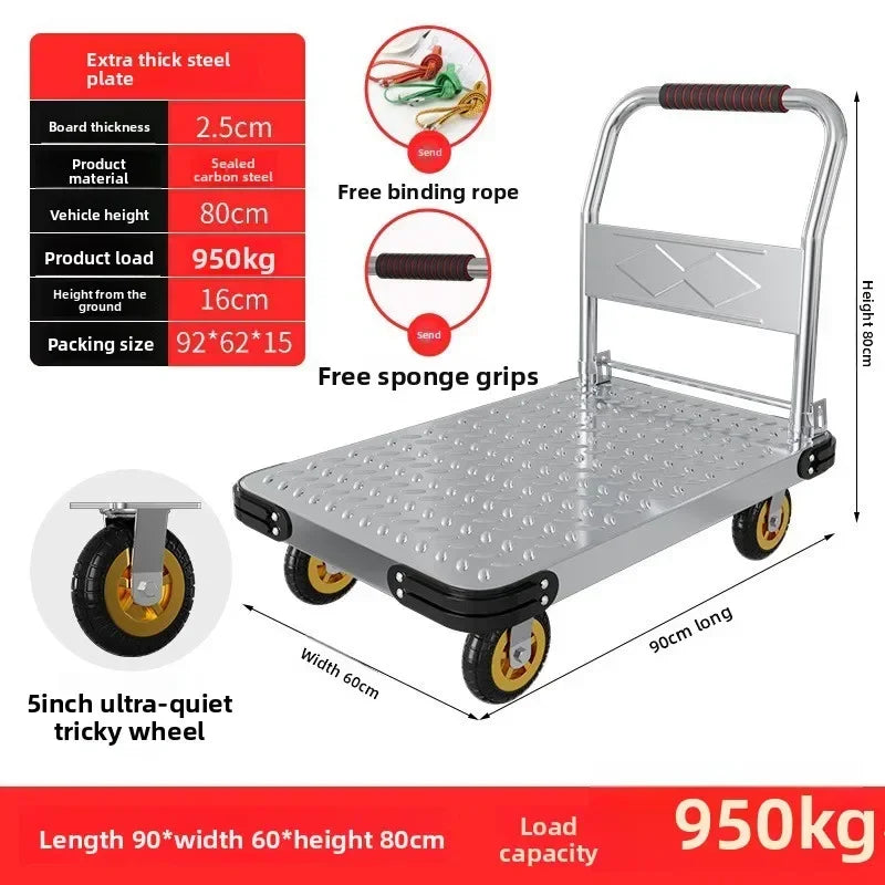 Steel plate pulling trolley trolley trolley handling thickened foldable portable silent trailer pulling flat truck Oasis Select 90-60-5-C