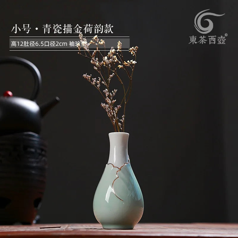 Pocket Horticultural Tabletop Small Vase Flower Path Art Ceramic Kiln Transformation Celadon Hand Drawn Small Vase Oasis Select Small size 12cm