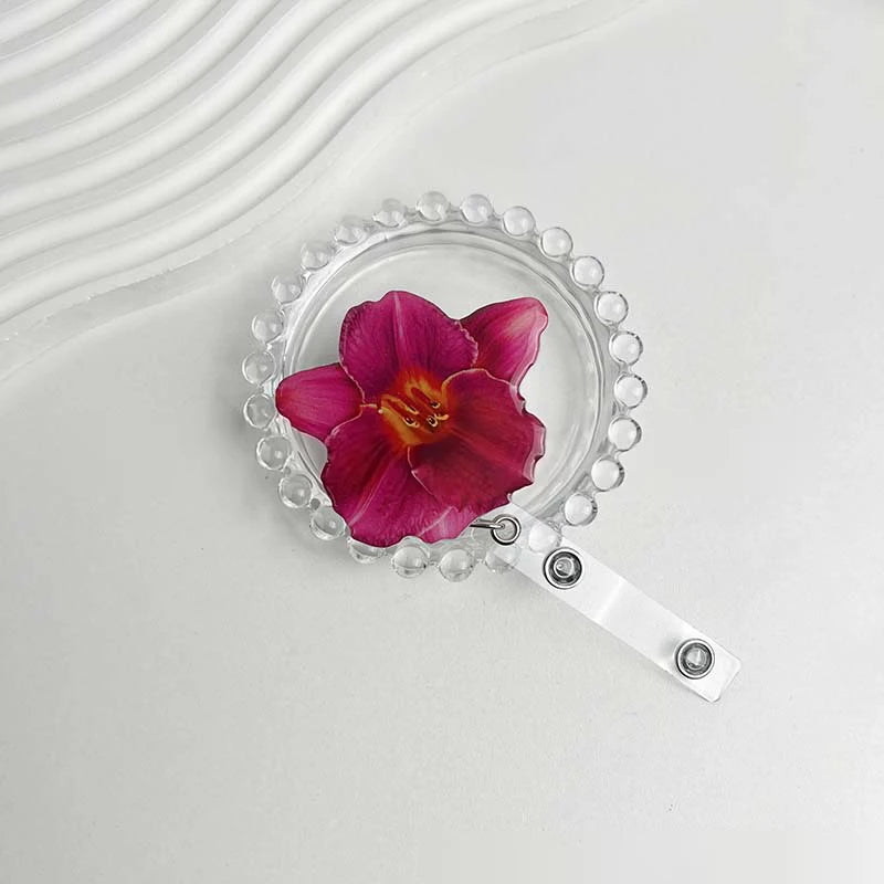 Flower Acrylic Bag Charm | Alligator Clip Retractable ID Holder Bag Charm Accessory Oasis Select A12