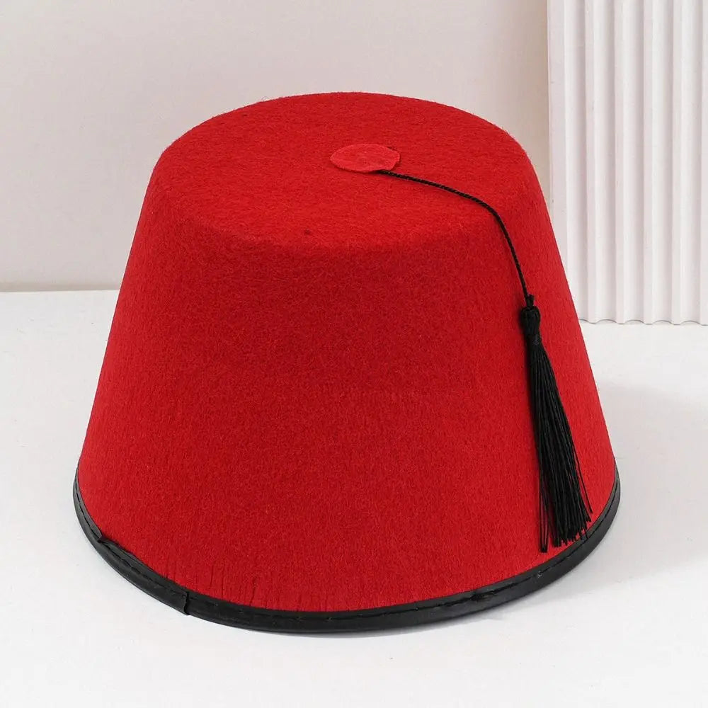 Round Felt Fez Cap Moroccan Hat Breathable Tarboosh Fez Hat Ottoman Red Color Turkish Tassels Cap Role Play Headwear Oasis Select