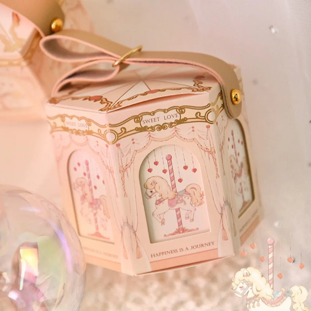 Beautiful Carousel Gift Box Leather Handle Wedding Candy Box Elegant Handheld Gift Bag Birthday Candy Tote Bag Decoration Oasis Select