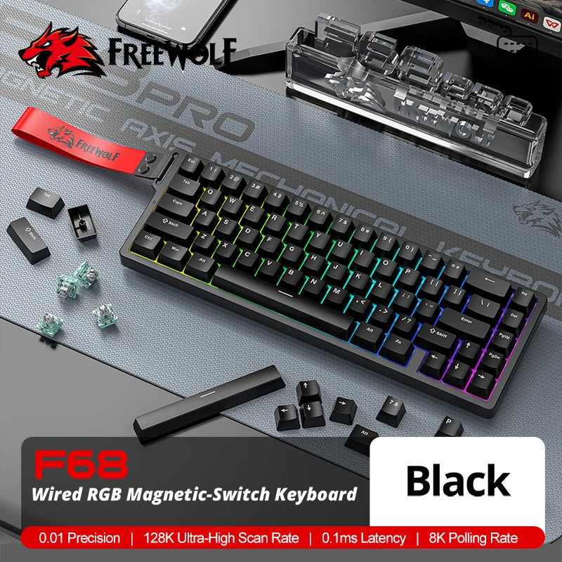 FREEWOLF F68 Magnetic Gaming Wired Keyboard Mechanical 0.01mm Rapid Trigg 8000Hz SOCD/RS 0.1ms 128K Rate for Pro Gaming Oasis Select Black