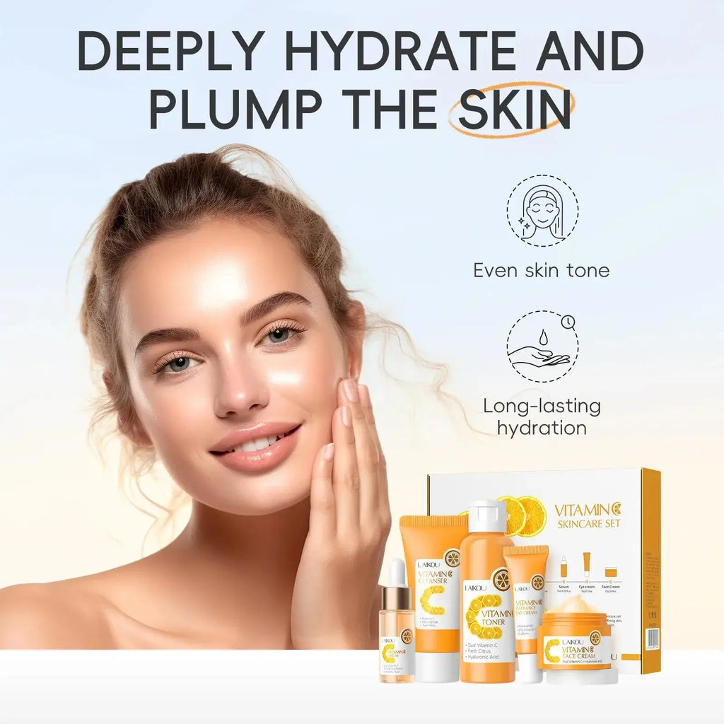Facial Brightening Vitamin C Skincare 5pcs Set Essence Cream Serum Cleanser Toner Eye Moisturizer Care Oasis Select