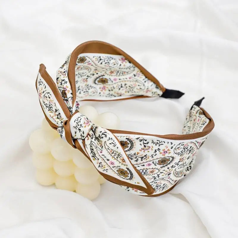 Floral Paisley Bohemian Rabbit Ear Headband | Stretchy Bohemian Headband Oasis Select Beige