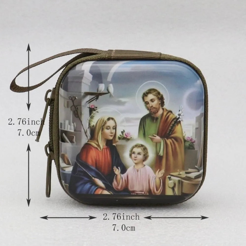 Virgin Mary Prayer Rosary Storage Bag Iron Artwork 7x7cm Religious Articles Cartoon Zippered Religious Jewelry Box Oasis Select