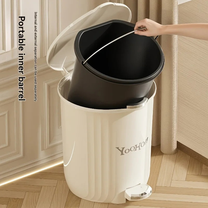1Pcs Large-Capacity round Foot Pedal Trash Can Lidded Waterproof Waste Bin in Cream & Blue for Office Kitchen Bathroom Oasis Select