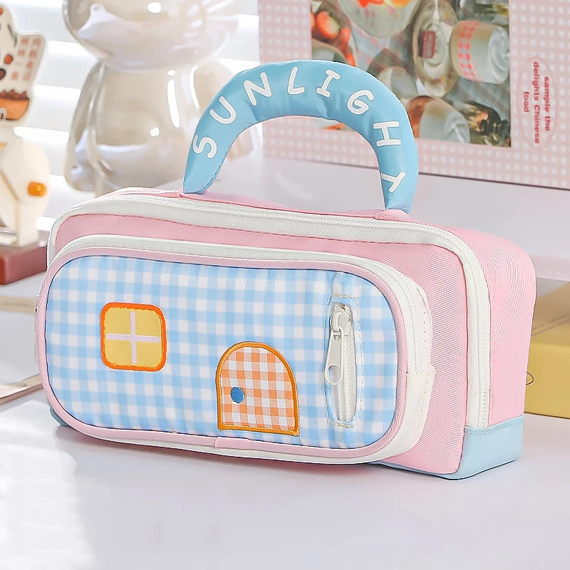 Handheld Dopamine House Pencil Bag Large Capacity Cosmetics Storage Stationery Storage Bag Creative Portable Pen Pencil Case Oasis Select Pink