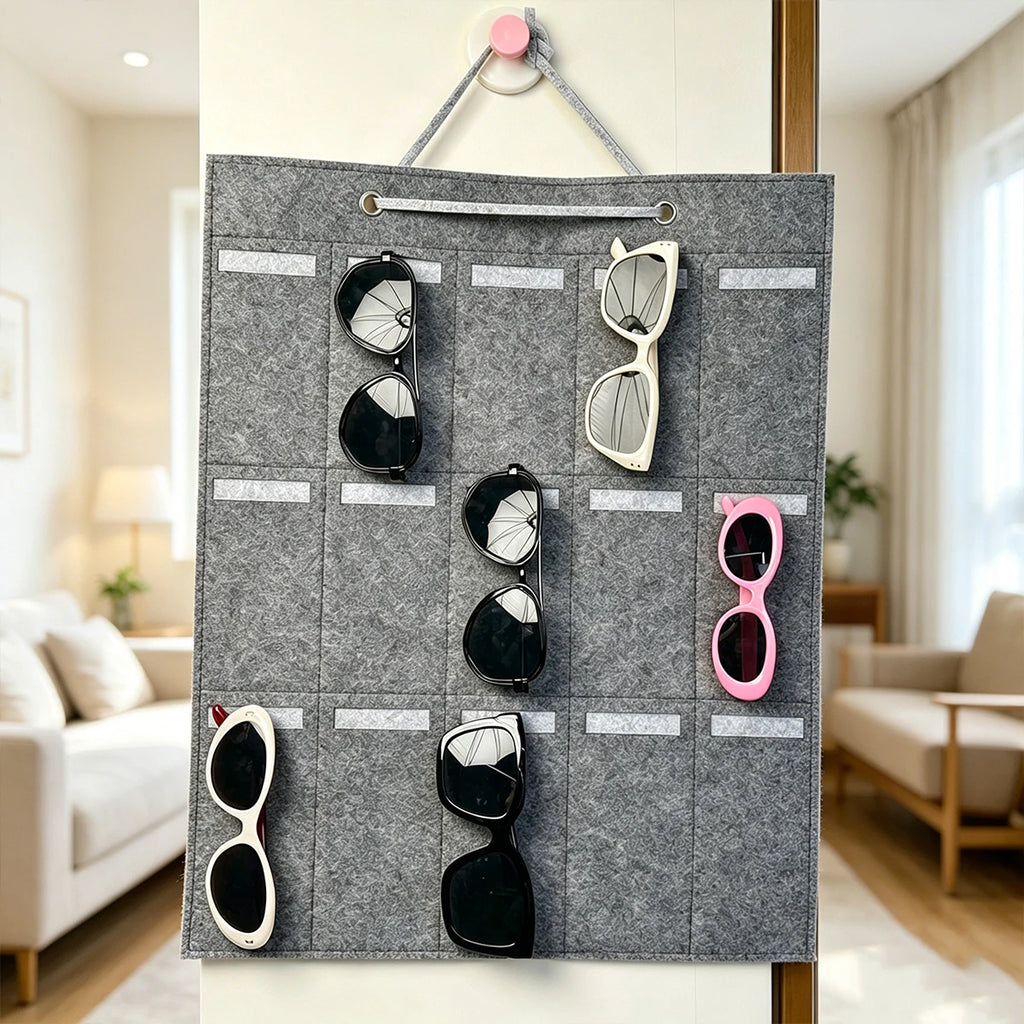 1pc foldable portable gray felt glasses storage bag saves space 15 vertical independent pockets and a mesh glasses display bag Oasis Select