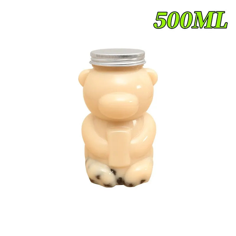 500ml Portable Cartoon Bear Transparent Bottles Cute Reusable Drink Containers for Bubble Tea Juice Milkshake Party Supplies