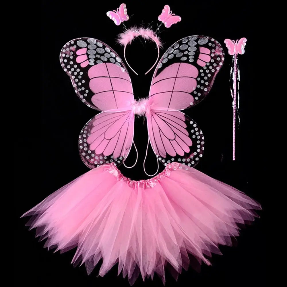 Simulation Butterfly Wings Pointed Tutu Skirt Headband Wand Adult Kids 3/4Pcs Fairy Costume Set Princess Girls Party Gift Oasis Select Pink-4 pcs-set