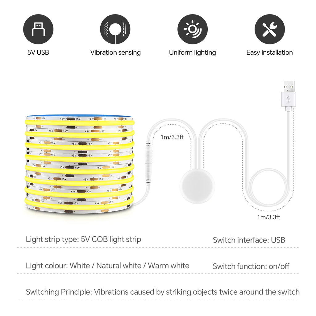 USB Power COB Tape with Tap-twice Vibration Sensor Switch Hight Brightness 320LEDs/M for Dressing Table Makeup Mirror Backlight Oasis Select