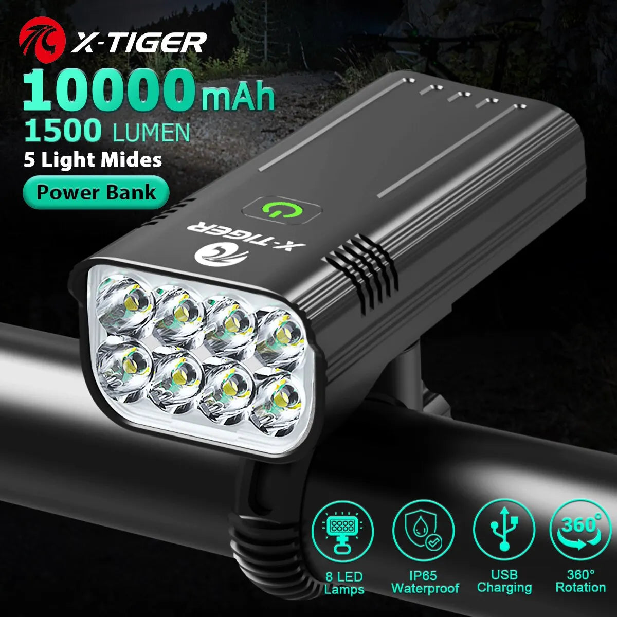 X-TIGER Bike Light Set Powerful USB Rechargeable Bright 10000mAh Bicycle Front Lights IPX5 Waterproof Front Lamp Cycling Oasis Select