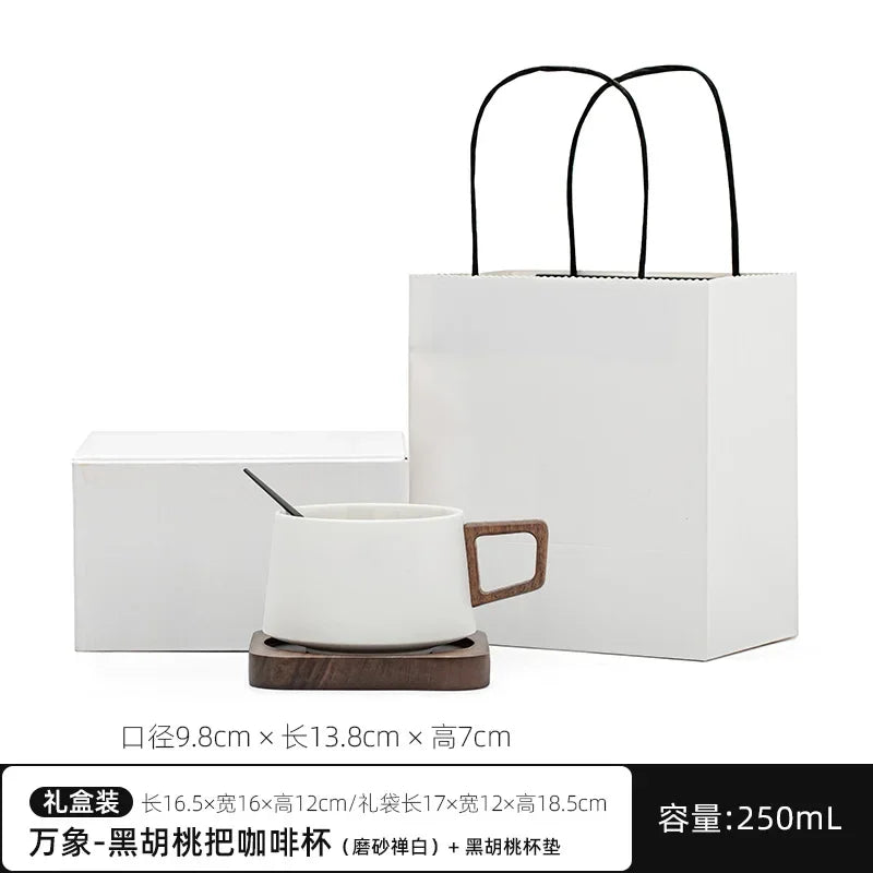 Coffee Cup Solid Wood Coaster Set Ceramic High-grade Exquisite Household Drinking Mug Milk Cup Oasis Select 250ml White