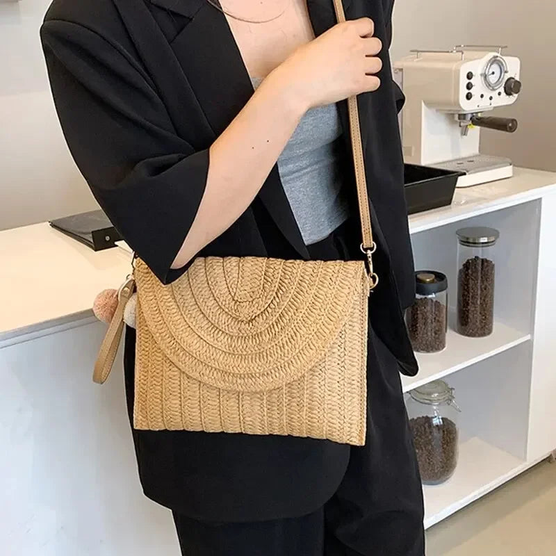 Handmade Straw Beach Shoulder Crossbody Bag Girls Envelope Woven Summer Small Hair Ball Cluth Oasis Select