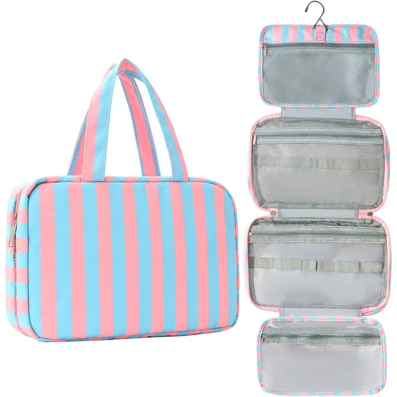 Collapsible Hanging Travel Cosmetic Pouch Striped Multi Compartment Design Wet Dry Separated Storage Bag Lightweight Organizer Oasis Select Blue And Pink
