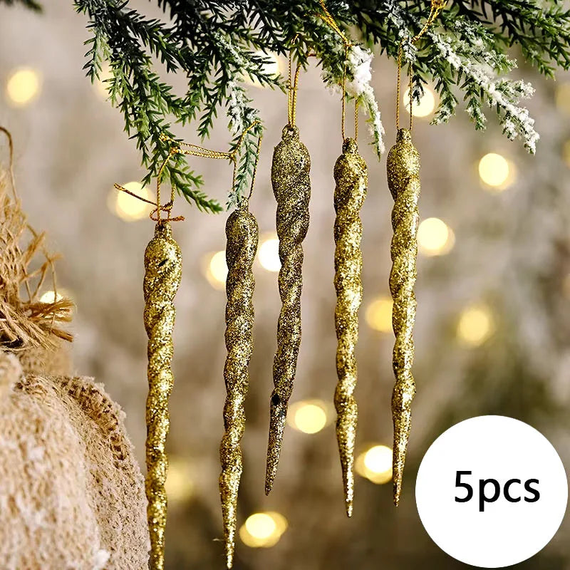 5pcs Christmas Decoration Simulation Ice Xmas Tree Hanging Ornament DIY Fake Icicle for Wedding Winter Party Decor New Year Oasis Select gold