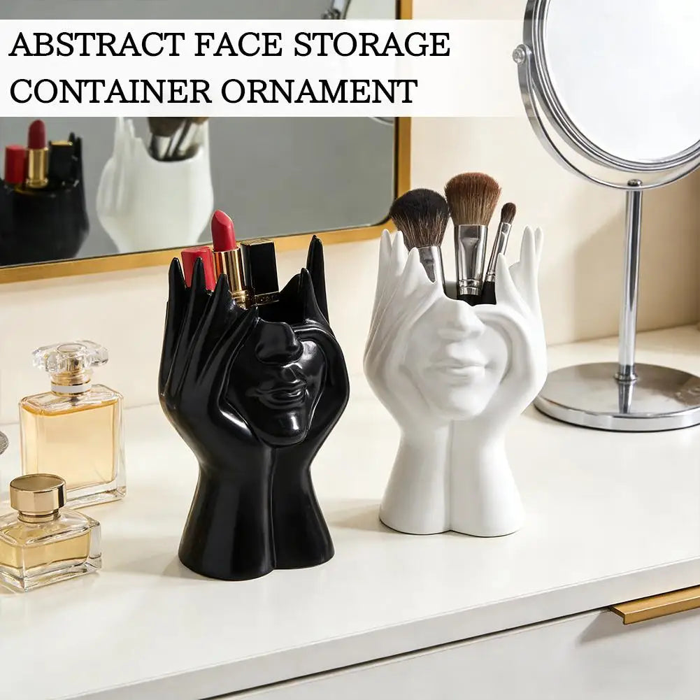 Pen Holder & Desk Decor White Abstract Face Sculpture with Hands, Modern Office Desktop Organizer for Pens, Makeup Brushes Oasis Select