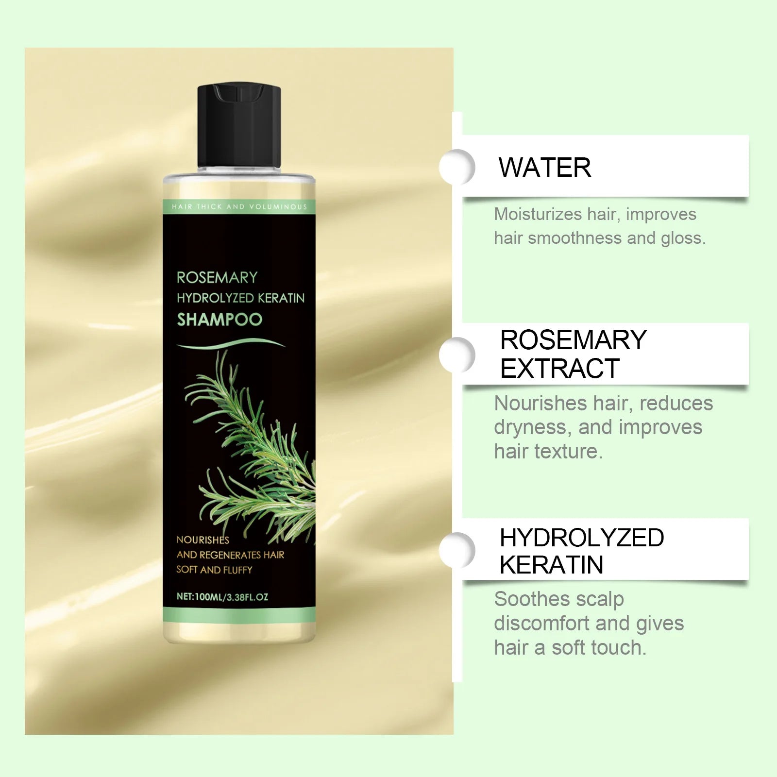Natural Rosemary Hydrolyzed Keratin Shampoo Deep Nourish Scalp Care Strengthen Damaged Hair Oil Control For Men Women 100ML Oasis Select