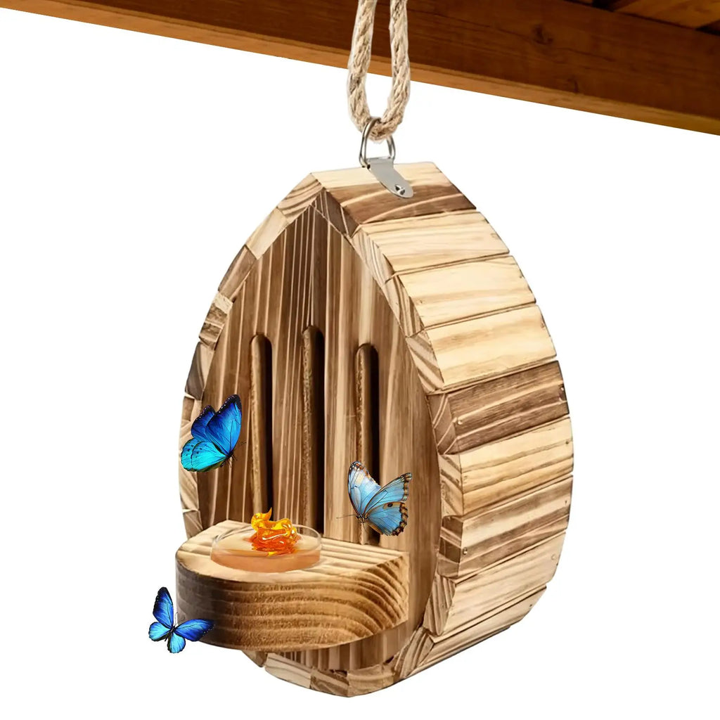 Wooden Butterfly House Natural Teardrop-Shaped Shelter Feeder Nesting Box Butterfly Habitat for Yard Grassland Pathway Driveway Oasis Select