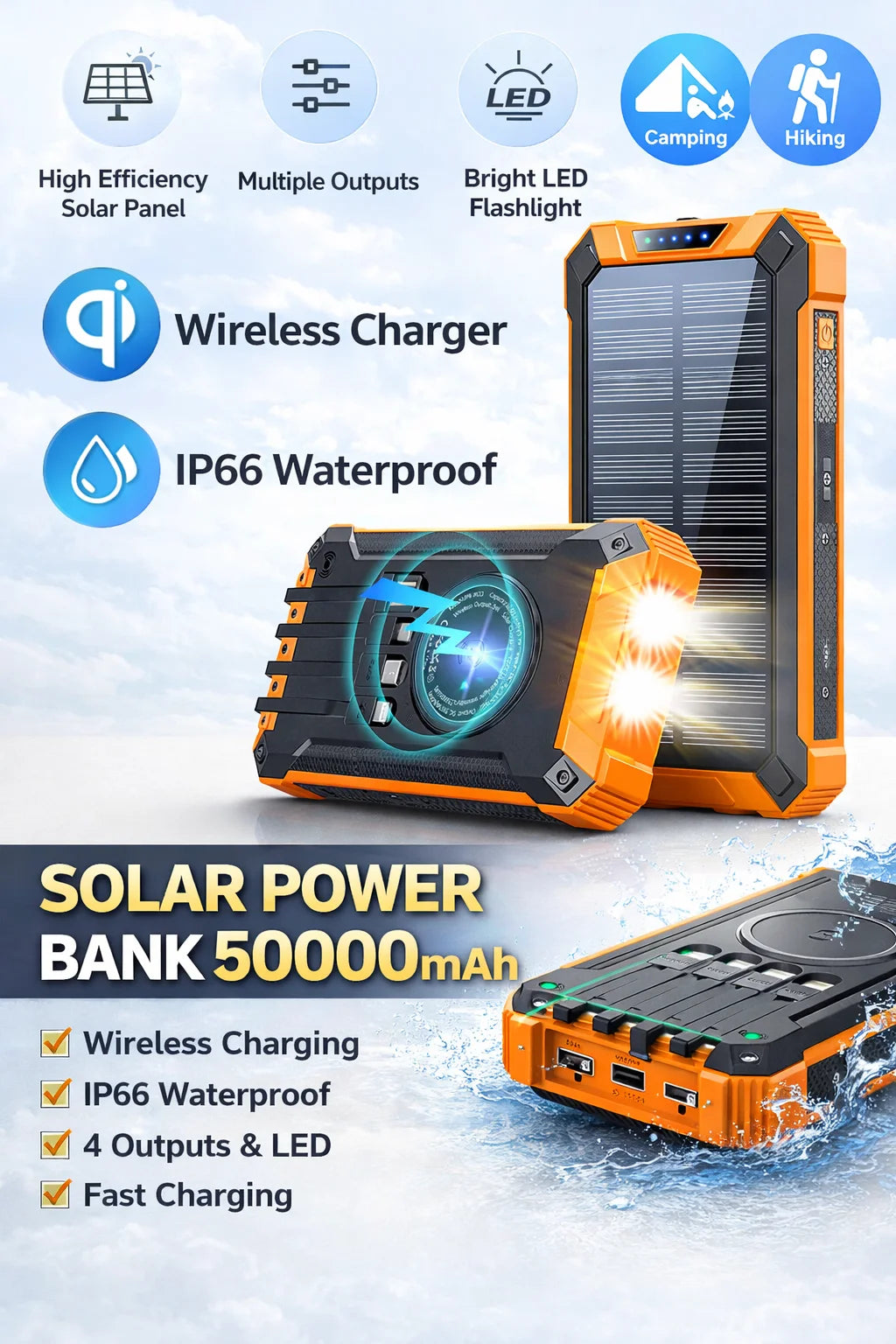 Solar Power Bank 50000mAh IP66 Waterproof Charger/4 Outputs/QI Wireless Charging/Powerful Flashlight for Hiking Travel、Outdoor Oasis Select