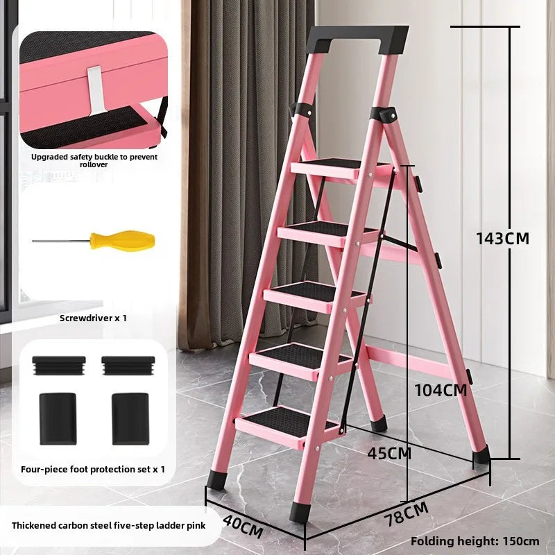 Home ladder stool folding zigzag ladder anti slip pedal ladder indoor and outdoor multifunctional portable ladder Oasis Select Five steps pink