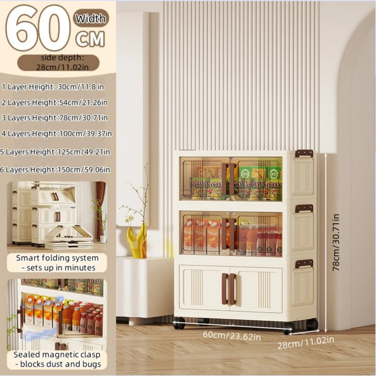 Foldable storage cabinet - movable multi-level double-door storage cabinet - living room and kitchen transparent storage box Oasis Select 3 Tier Mixed