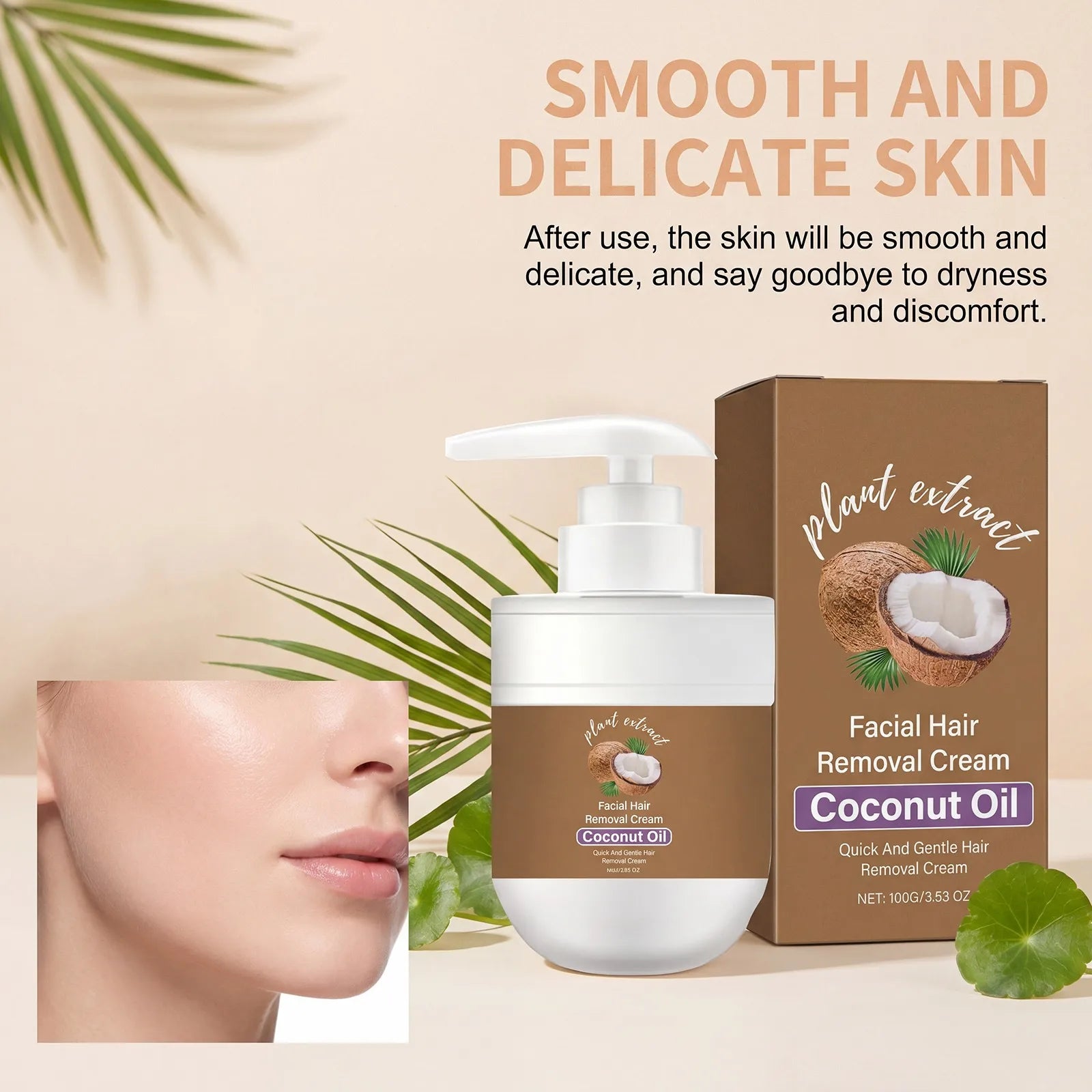 Coconut Oil Hair Removal Cream Face Fast Hair Remover Painless Nourishing Smooth Skin Gentle Formula Non Greasy Dry Skin 100g Oasis Select