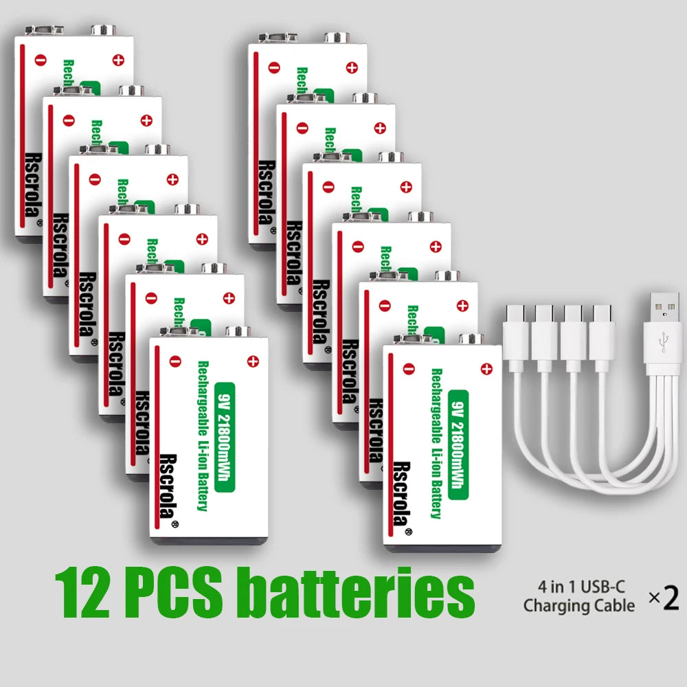 Long-Lasting 9V Lithium ion Rechargeable Battery 21800mWh High Capacity for Guitar Microphone Smoke Detector Pedal with Cable Oasis Select 12 PCS Batteries