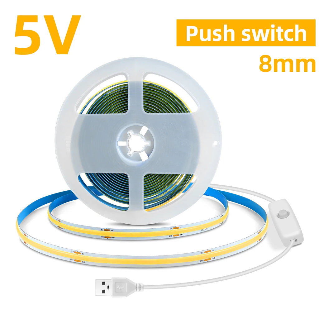 USB 5V COB LED Strip Light 1-5m Super Bright 320leds/m Home Decor Tape,Hand Scan Sensor Switch/Dimmable Touch Switch/Push Switch Oasis Select Push Switch Natural White 5m